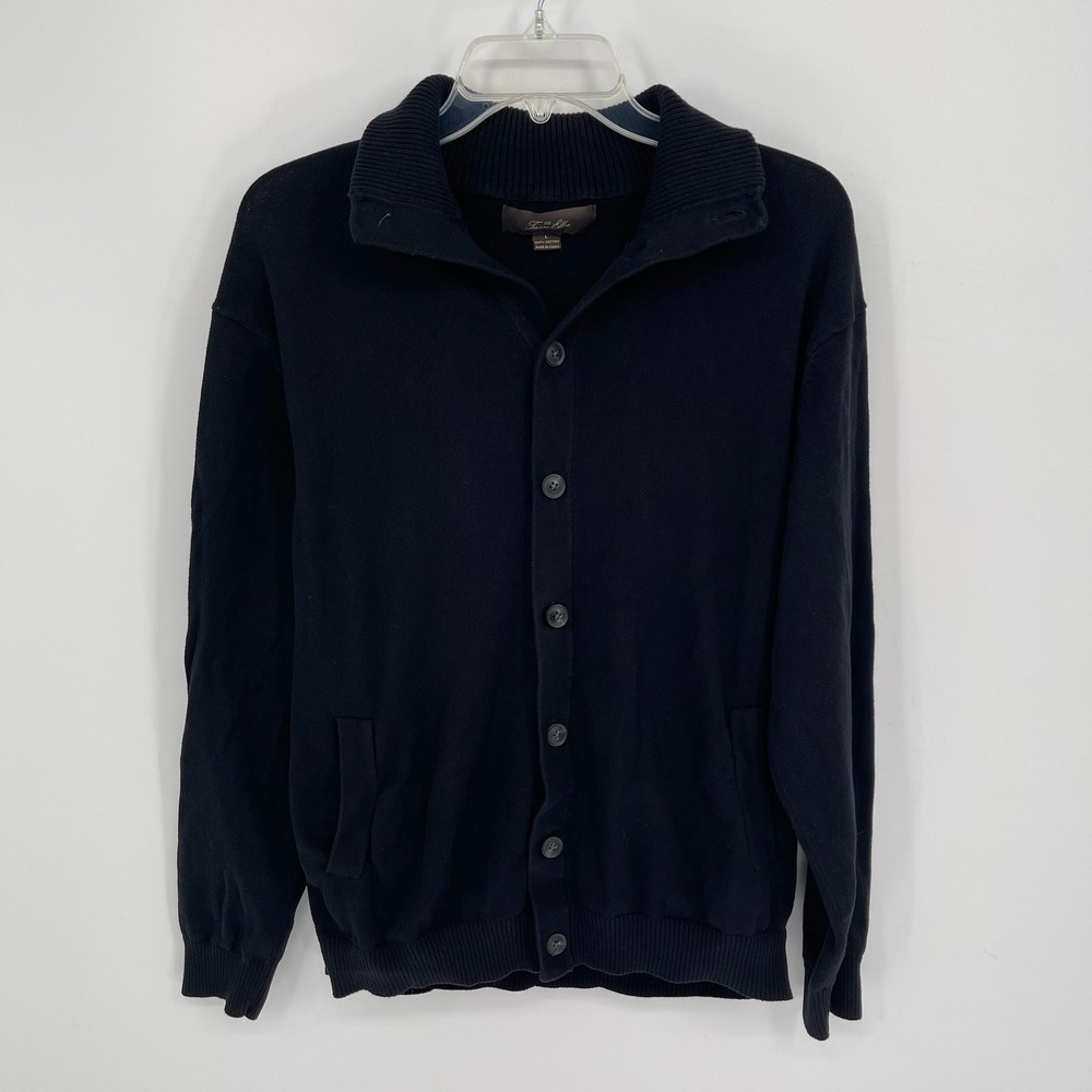 Tasso Elba Men's Black Button Front Pockets Mock Neck Cardigan Sweater Size L